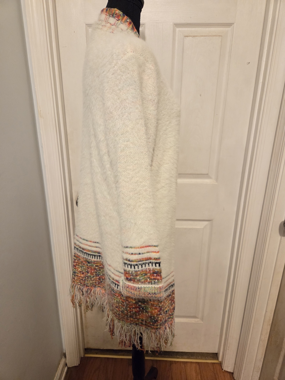 Cream Long Open-Front Fringe Knit Sweater Cardigan - Picture 5 of 7
